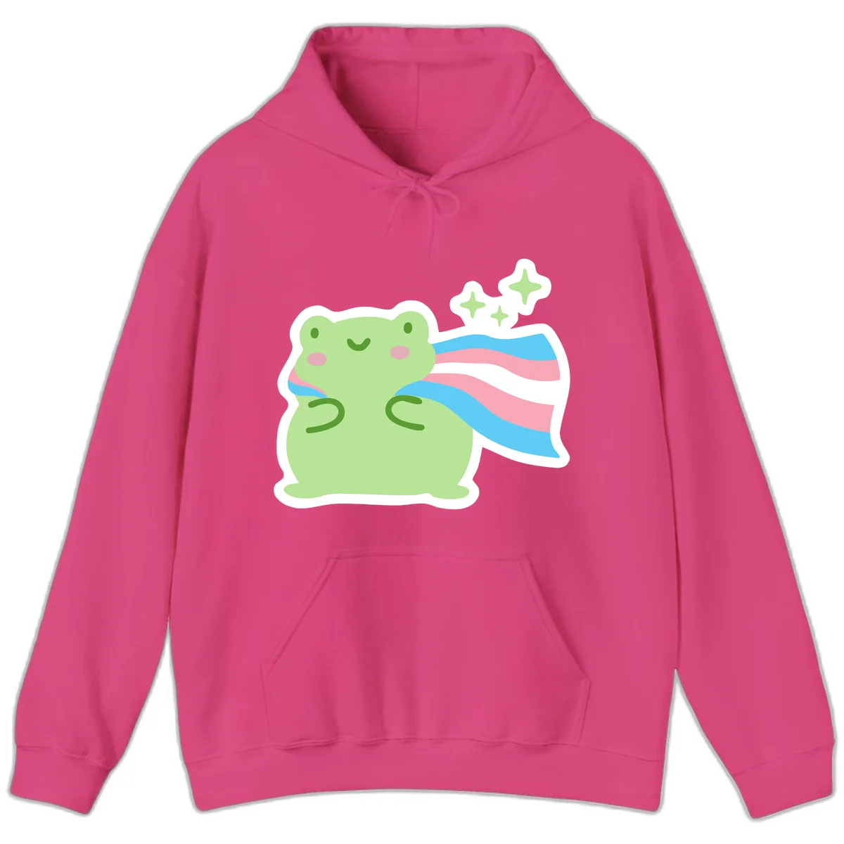Cheerful green frog with sparkles wearing a magical pink and blue striped cape in Heliconia