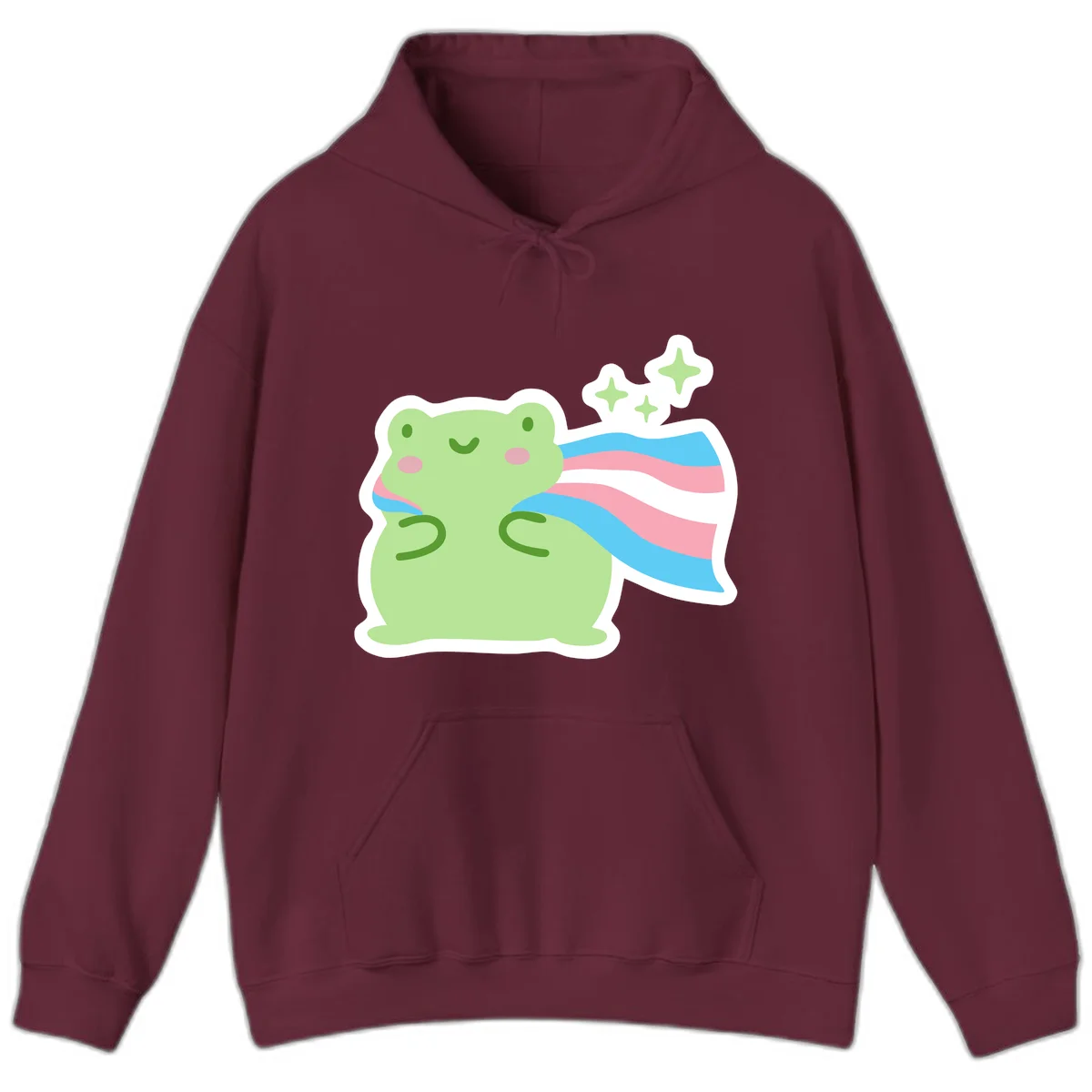 Cheerful green frog with sparkles wearing a magical pink and blue striped cape in Maroon
