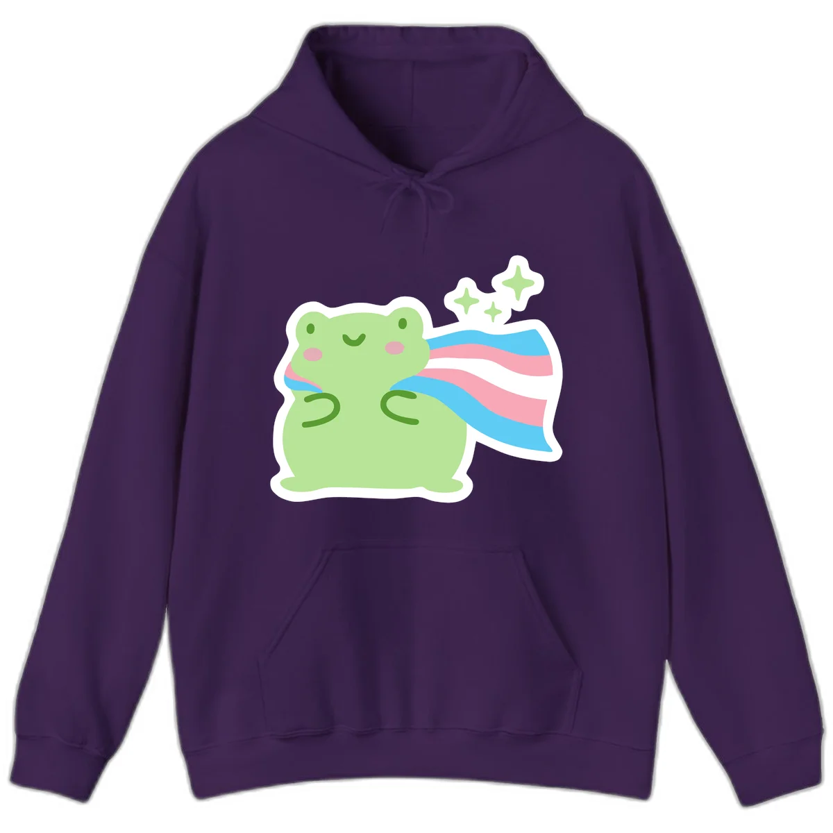 Cheerful green frog with sparkles wearing a magical pink and blue striped cape in Purple