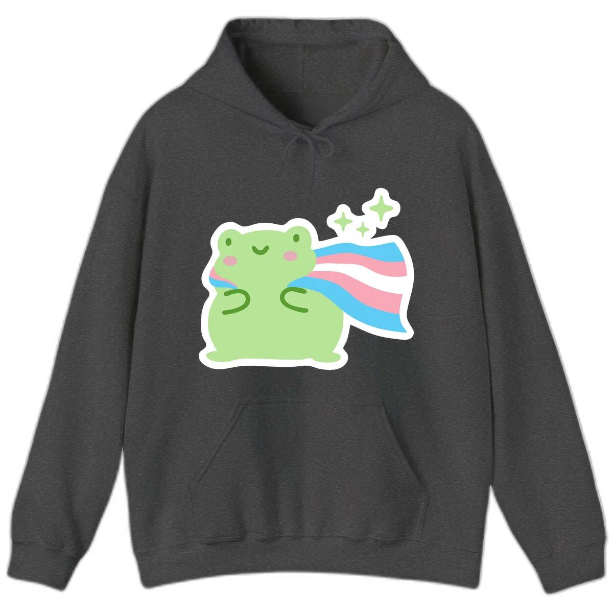 Cheerful green frog with sparkles wearing a magical pink and blue striped cape in Dark Heather