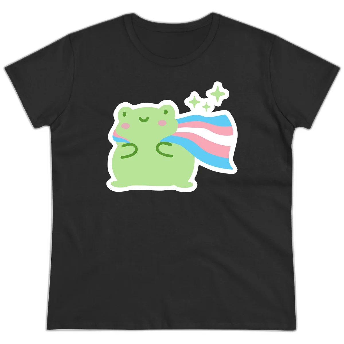 Cheerful green frog with sparkles wearing a magical pink and blue striped cape in Black