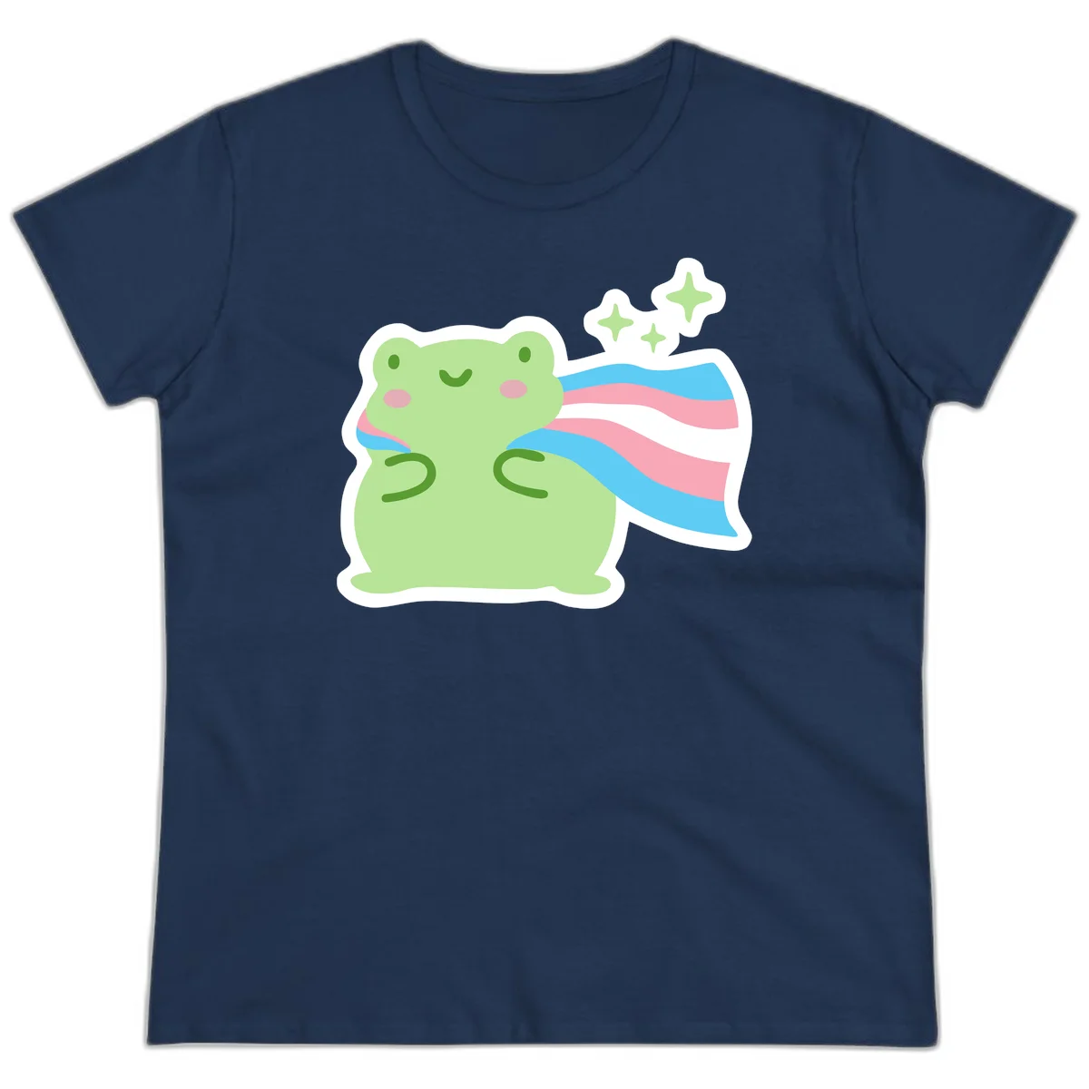 Cheerful green frog with sparkles wearing a magical pink and blue striped cape in Navy