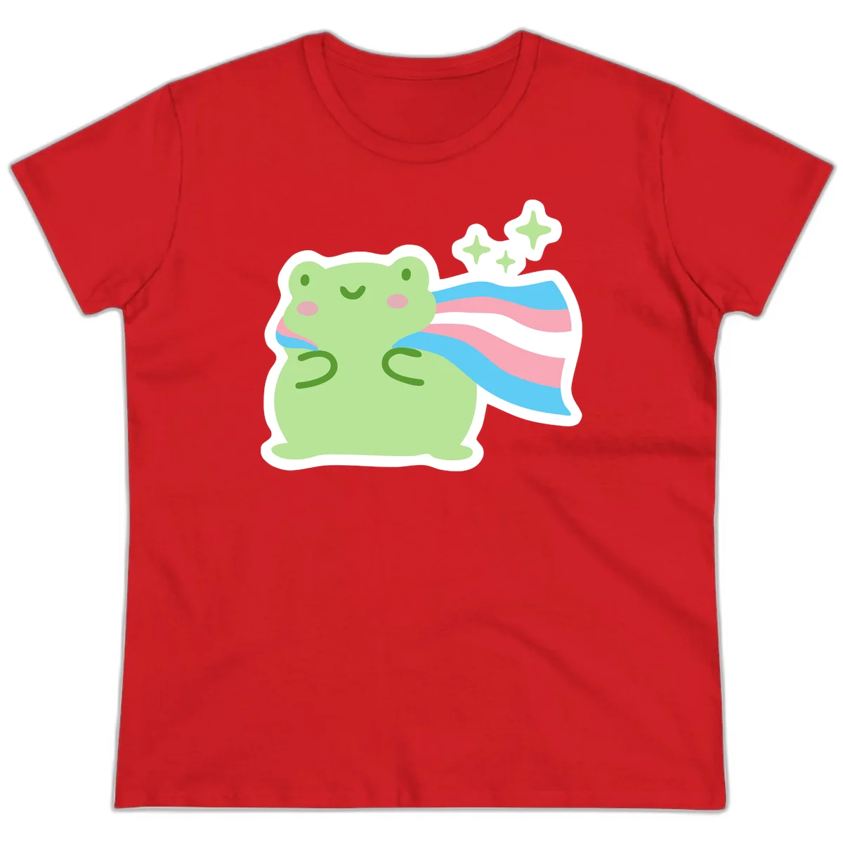 Cheerful green frog with sparkles wearing a magical pink and blue striped cape in Red