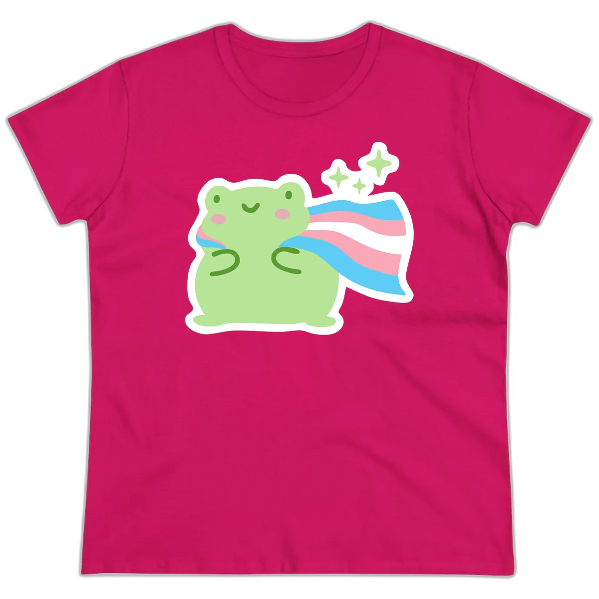 Cheerful green frog with sparkles wearing a magical pink and blue striped cape in Heliconia