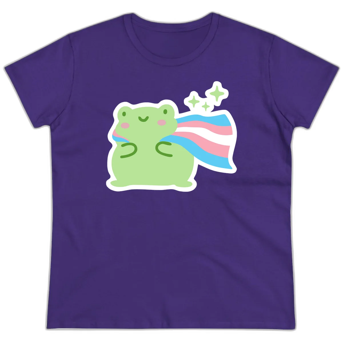 Cheerful green frog with sparkles wearing a magical pink and blue striped cape in Purple
