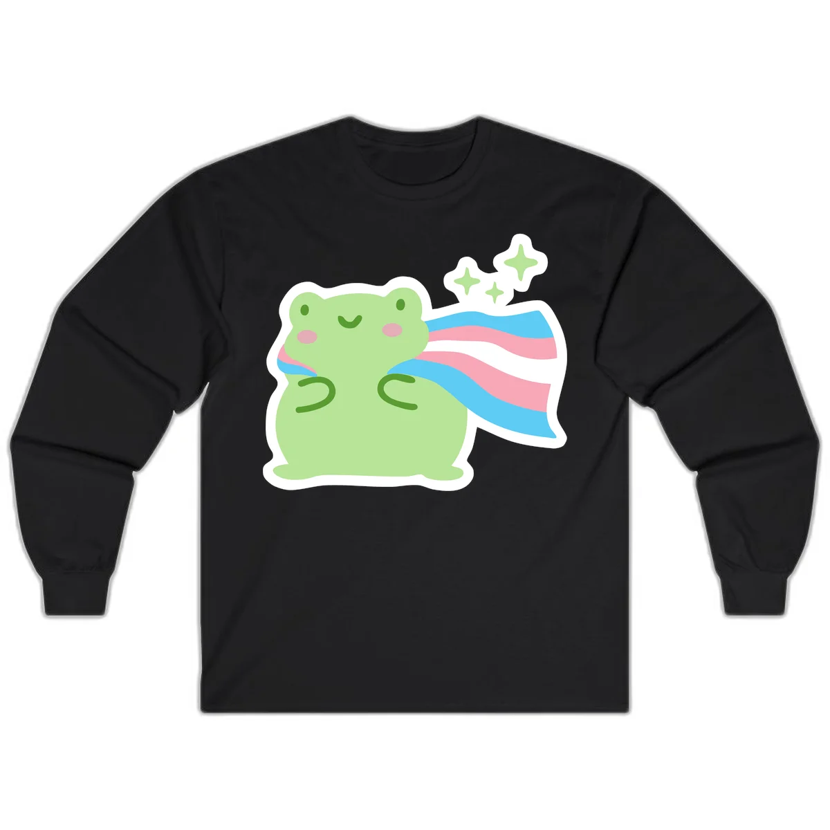 Cheerful green frog with sparkles wearing a magical pink and blue striped cape in Black