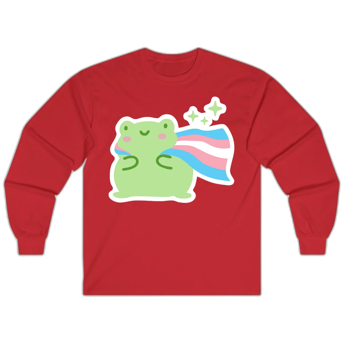 Cheerful green frog with sparkles wearing a magical pink and blue striped cape in Red