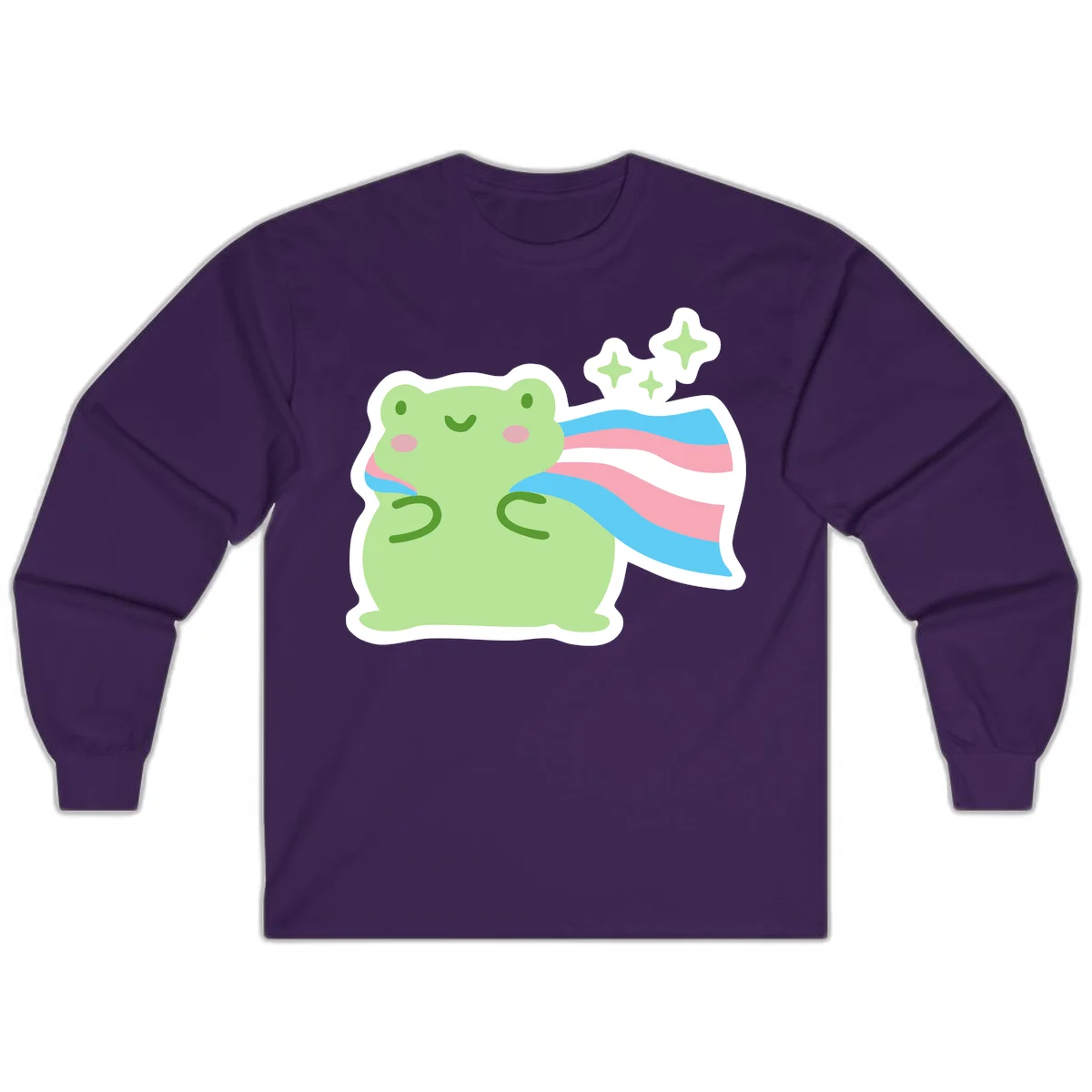 Cheerful green frog with sparkles wearing a magical pink and blue striped cape in Purple