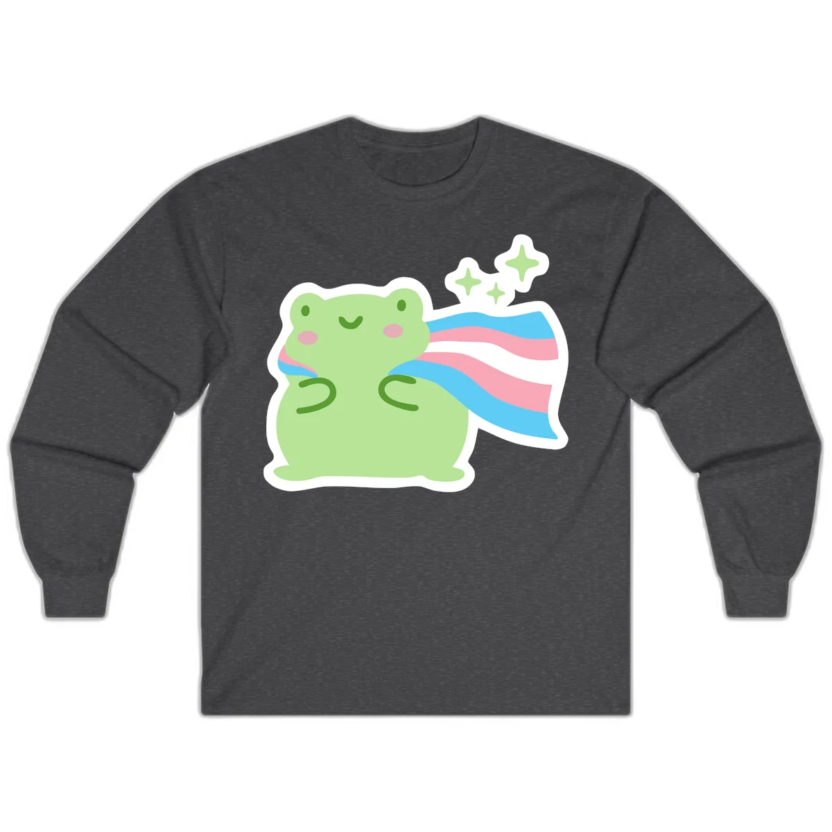Cheerful green frog with sparkles wearing a magical pink and blue striped cape in Dark Heather