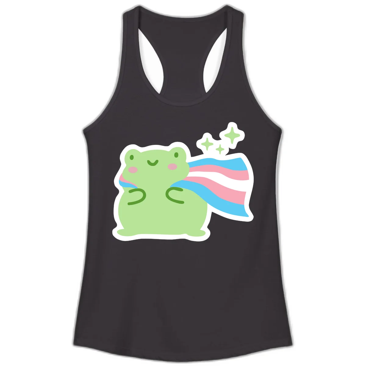 Cheerful green frog with sparkles wearing a magical pink and blue striped cape in Black