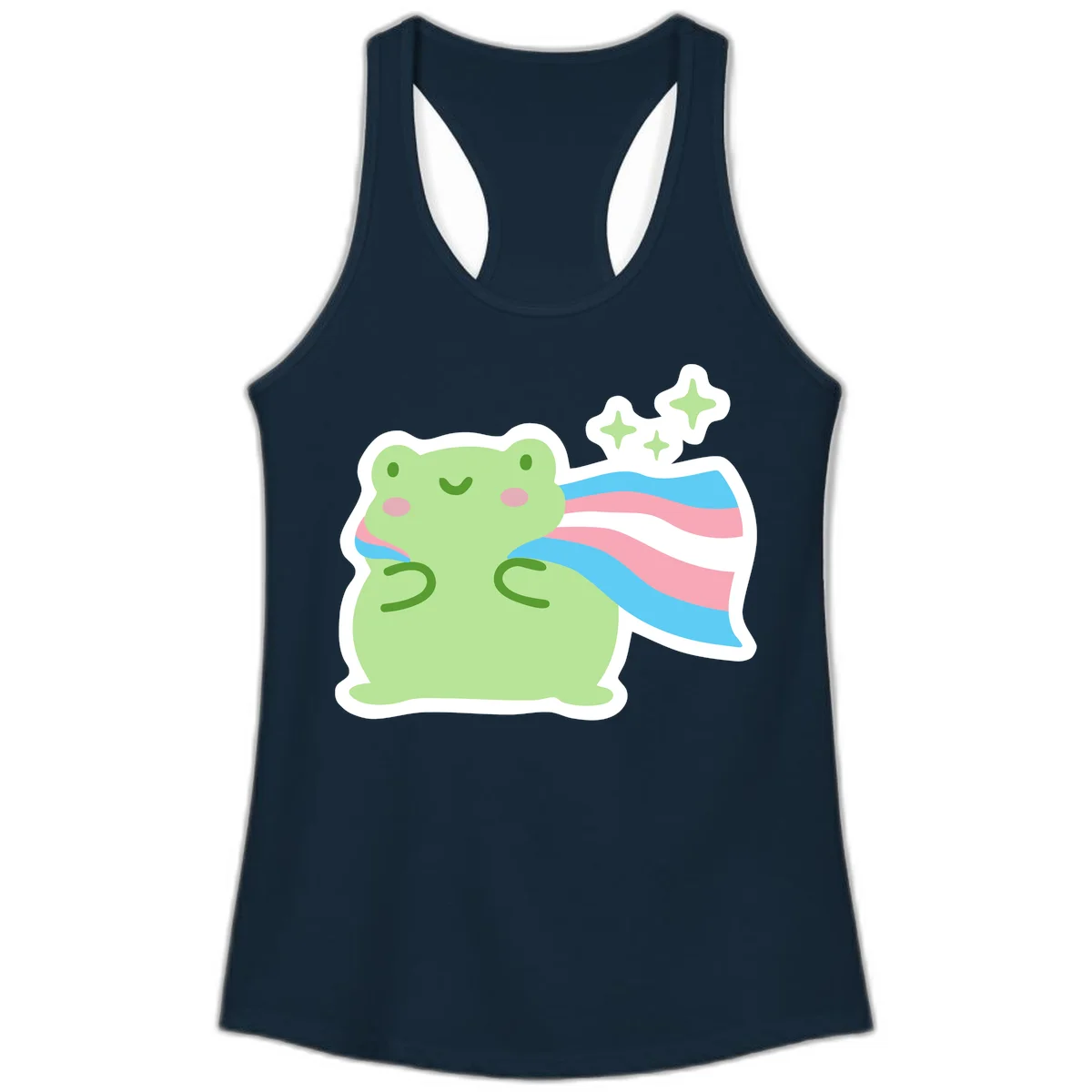 Cheerful green frog with sparkles wearing a magical pink and blue striped cape in Solid Midnight Navy