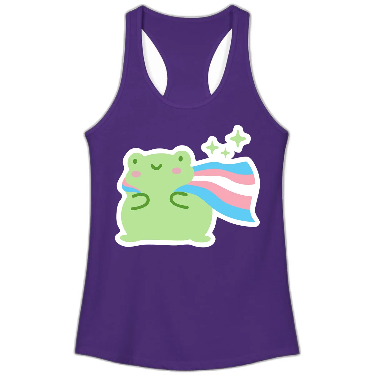Cheerful green frog with sparkles wearing a magical pink and blue striped cape in Solid Purple Rush