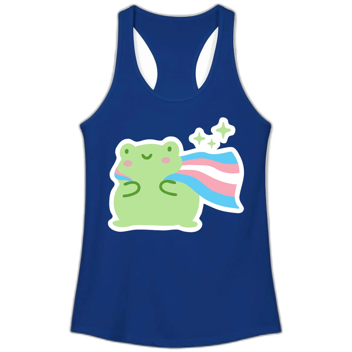 Cheerful green frog with sparkles wearing a magical pink and blue striped cape in Solid Royal