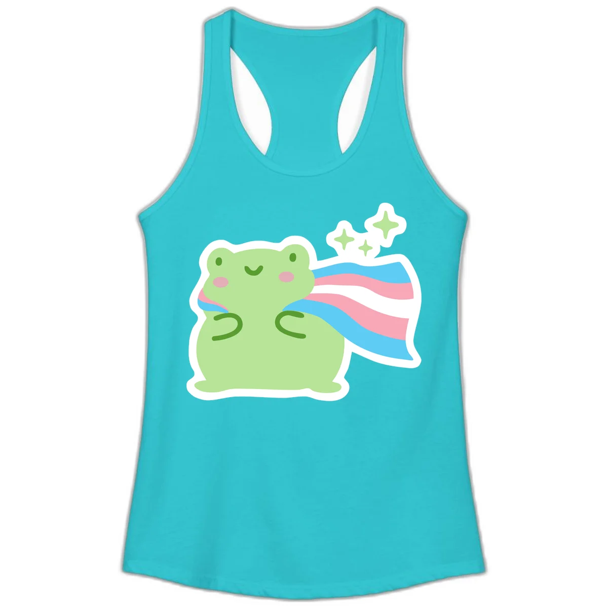 Cheerful green frog with sparkles wearing a magical pink and blue striped cape in Solid Tahiti Blue