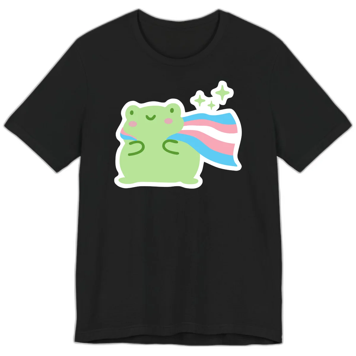 Cheerful green frog with sparkles wearing a magical pink and blue striped cape in Black