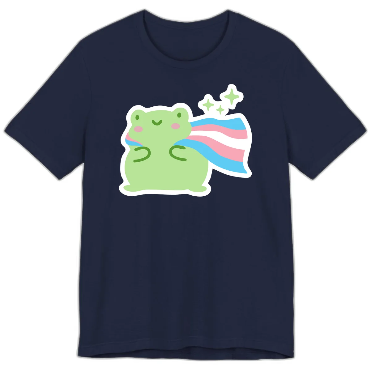 Cheerful green frog with sparkles wearing a magical pink and blue striped cape in Navy