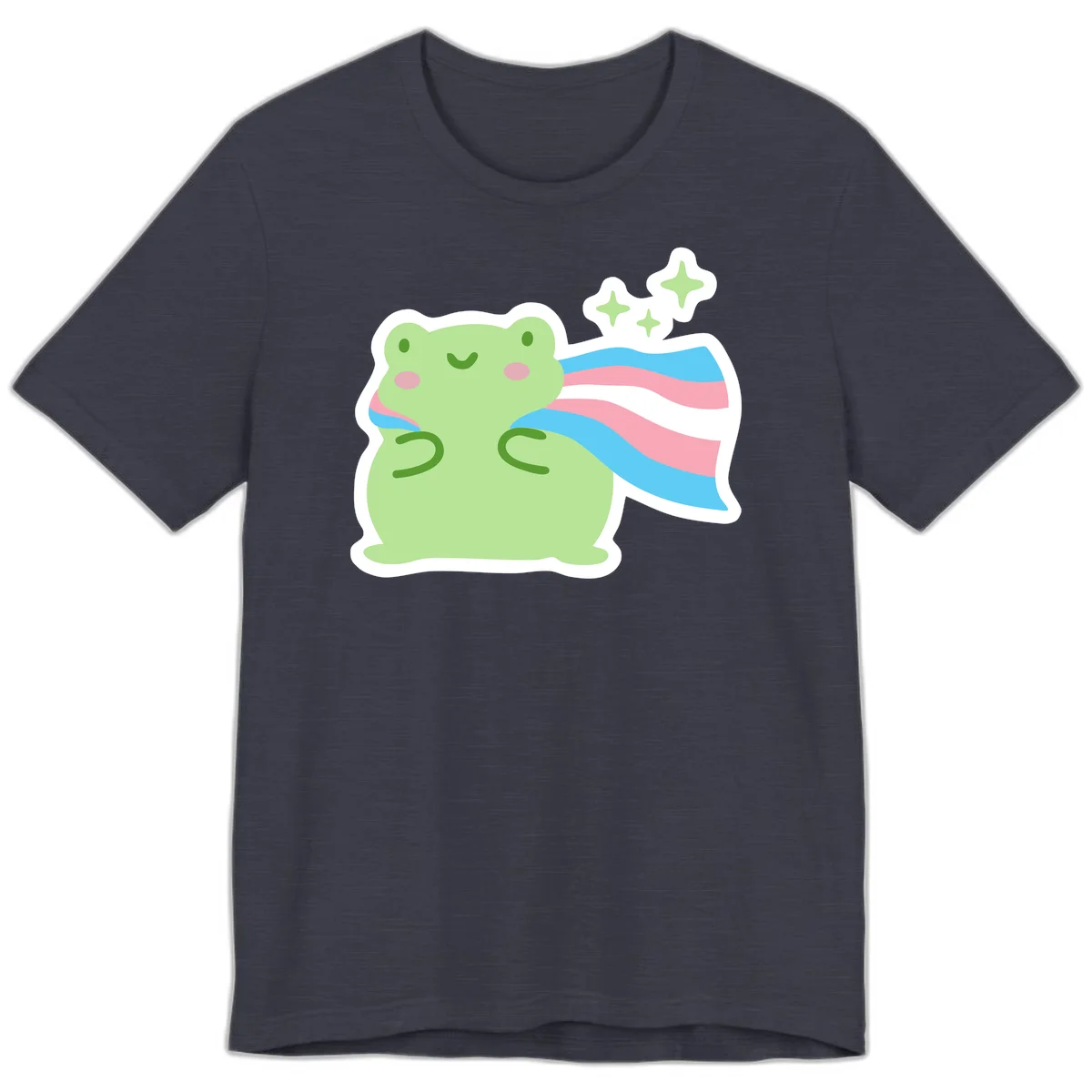 Cheerful green frog with sparkles wearing a magical pink and blue striped cape in Heather Midnight Navy