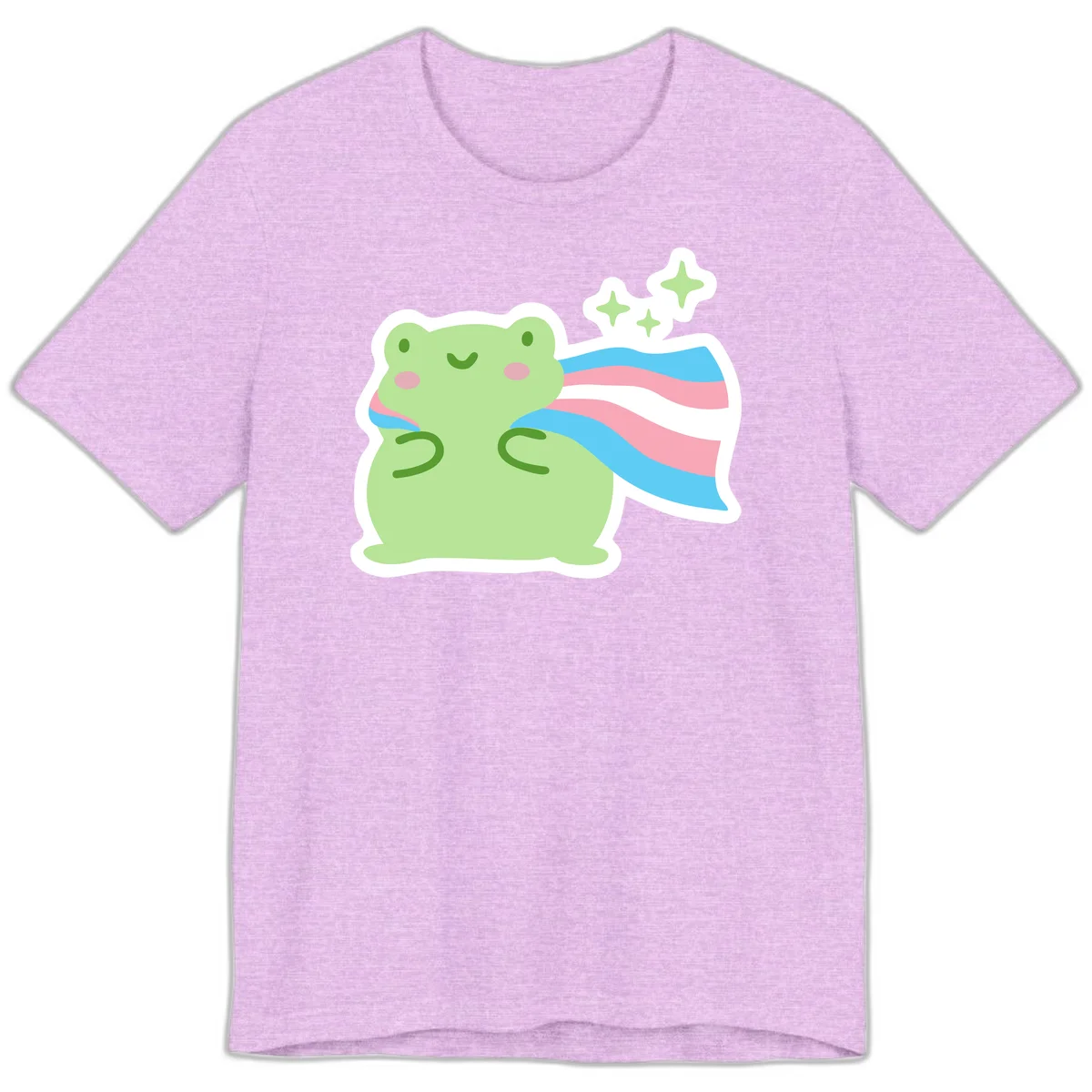 Cheerful green frog with sparkles wearing a magical pink and blue striped cape in Heather Prism Lilac