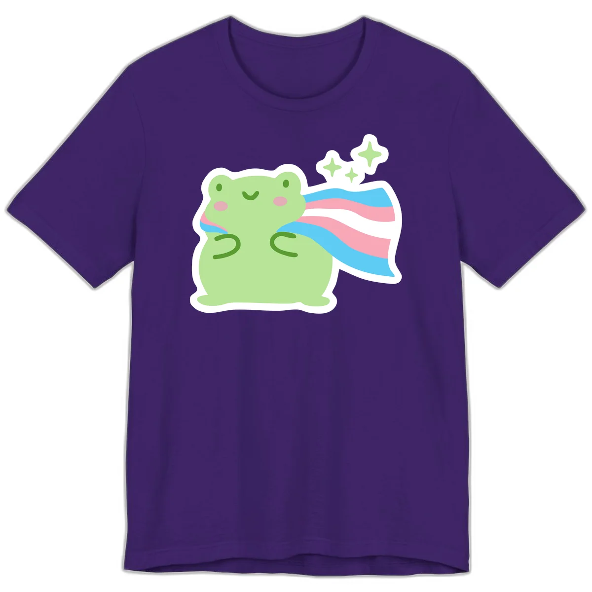 Cheerful green frog with sparkles wearing a magical pink and blue striped cape in Team Purple