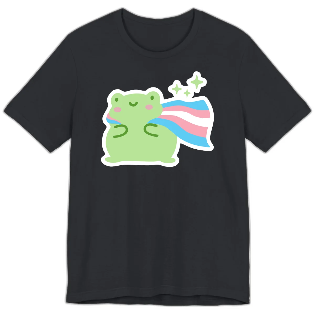 Cheerful green frog with sparkles wearing a magical pink and blue striped cape in Vintage Black