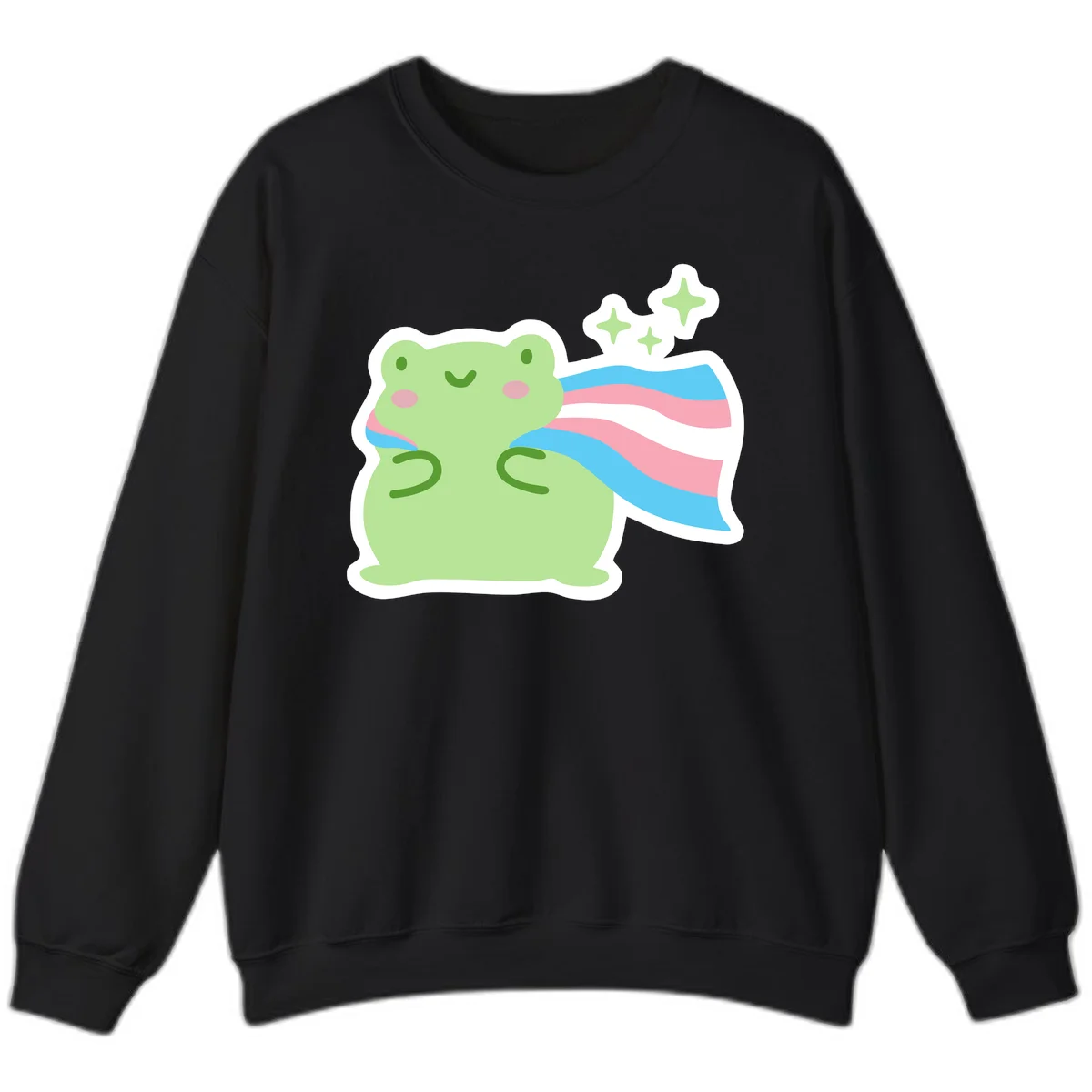 Cheerful green frog with sparkles wearing a magical pink and blue striped cape in Black