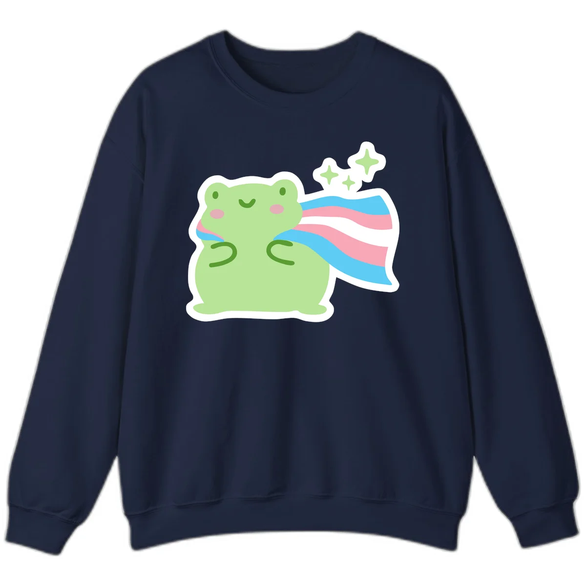 Cheerful green frog with sparkles wearing a magical pink and blue striped cape in Navy