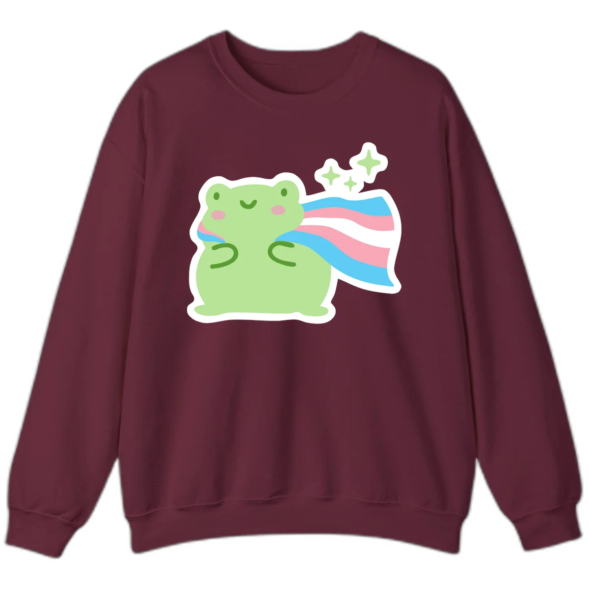 Cheerful green frog with sparkles wearing a magical pink and blue striped cape in Maroon