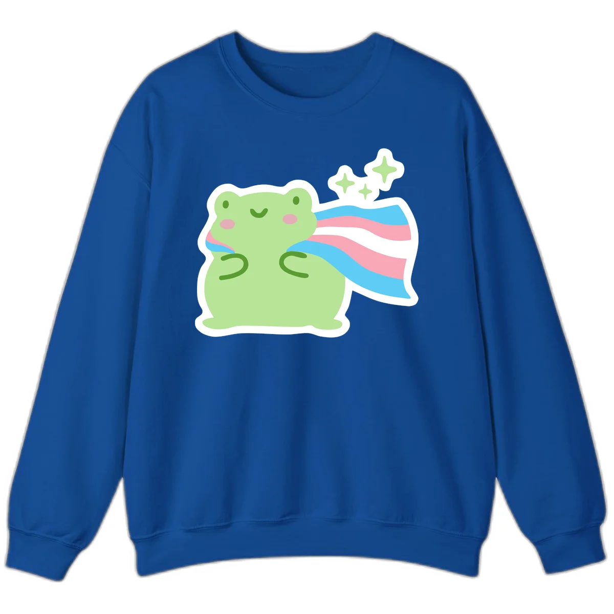 Cheerful green frog with sparkles wearing a magical pink and blue striped cape in Royal