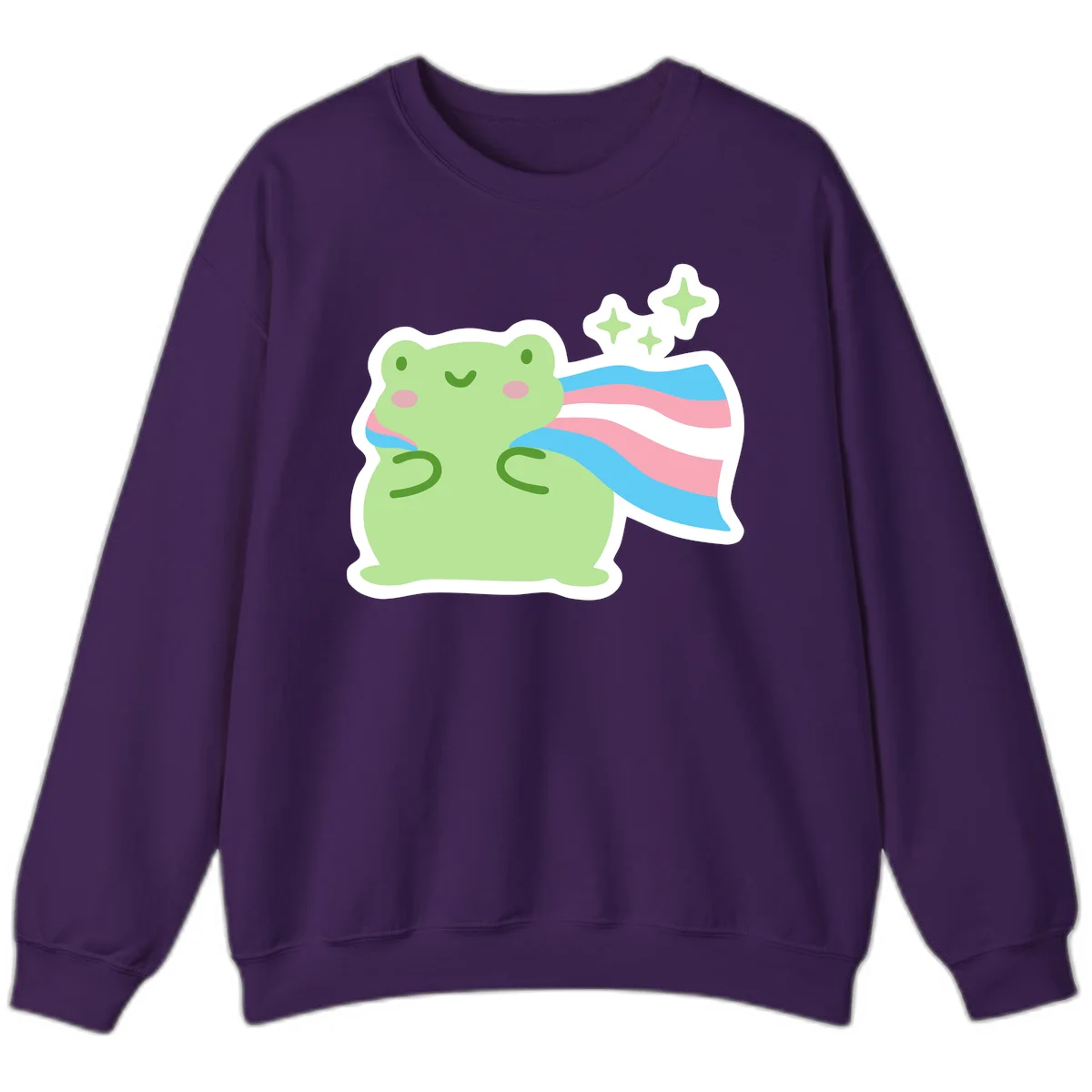 Cheerful green frog with sparkles wearing a magical pink and blue striped cape in Purple