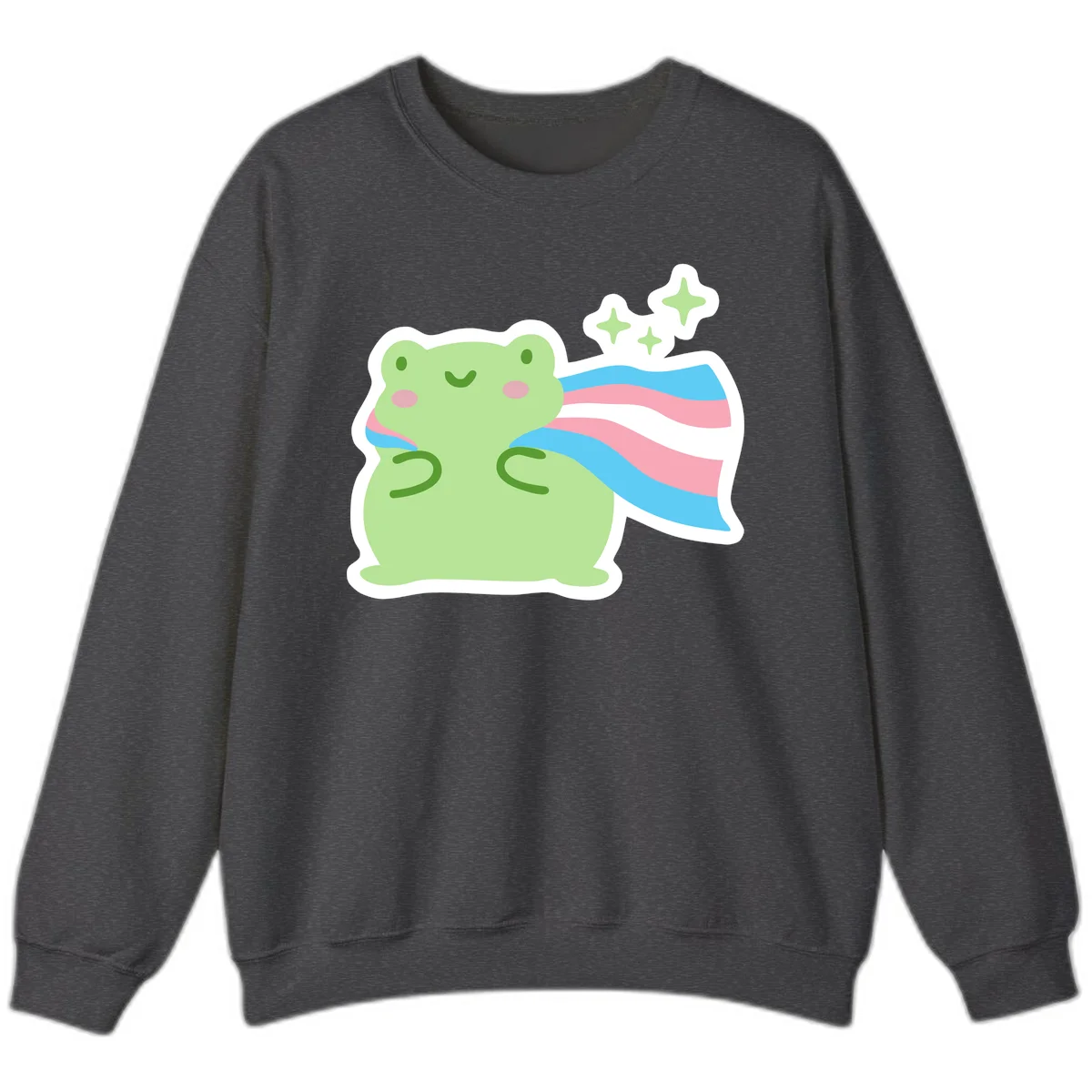 Cheerful green frog with sparkles wearing a magical pink and blue striped cape in Dark Heather