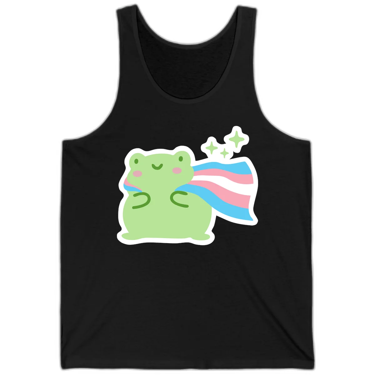 Cheerful green frog with sparkles wearing a magical pink and blue striped cape in Black