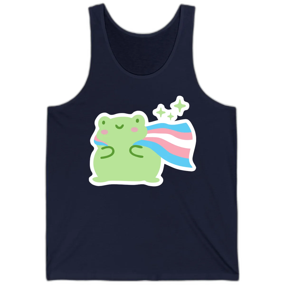 Cheerful green frog with sparkles wearing a magical pink and blue striped cape in Navy