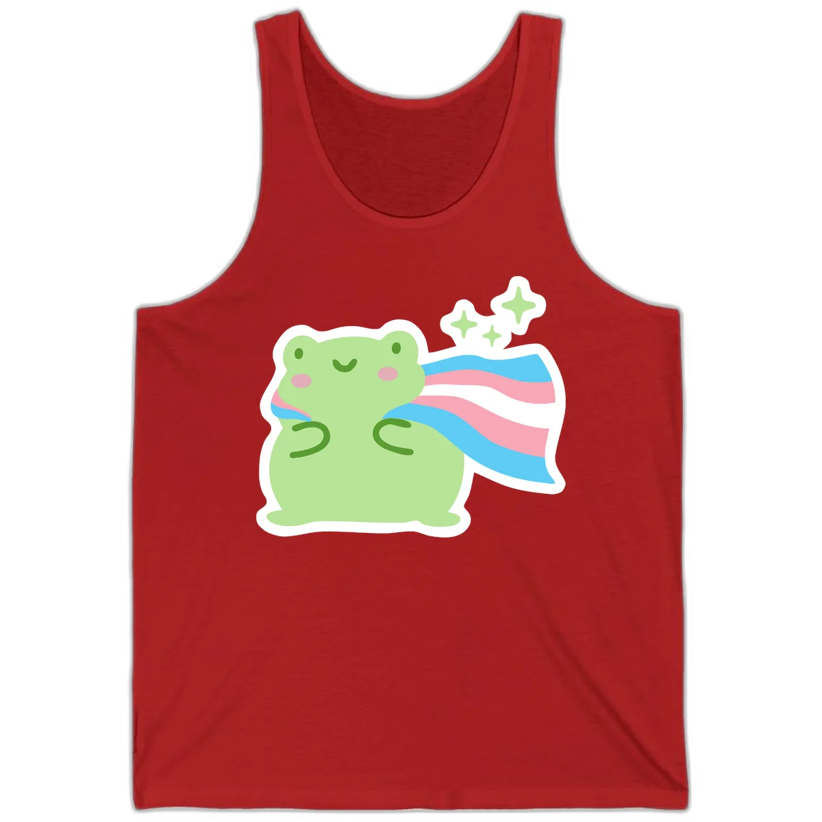 Cheerful green frog with sparkles wearing a magical pink and blue striped cape in Red