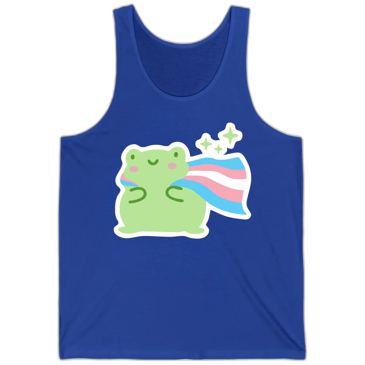 Cheerful green frog with sparkles wearing a magical pink and blue striped cape in True Royal