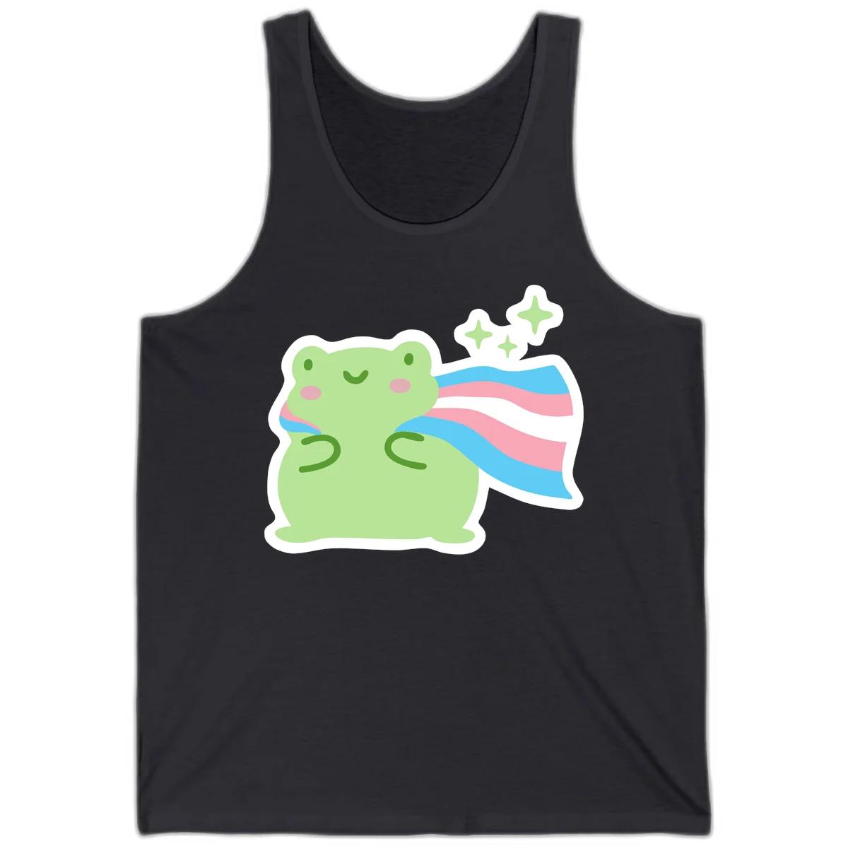 Cheerful green frog with sparkles wearing a magical pink and blue striped cape in Dark Grey
