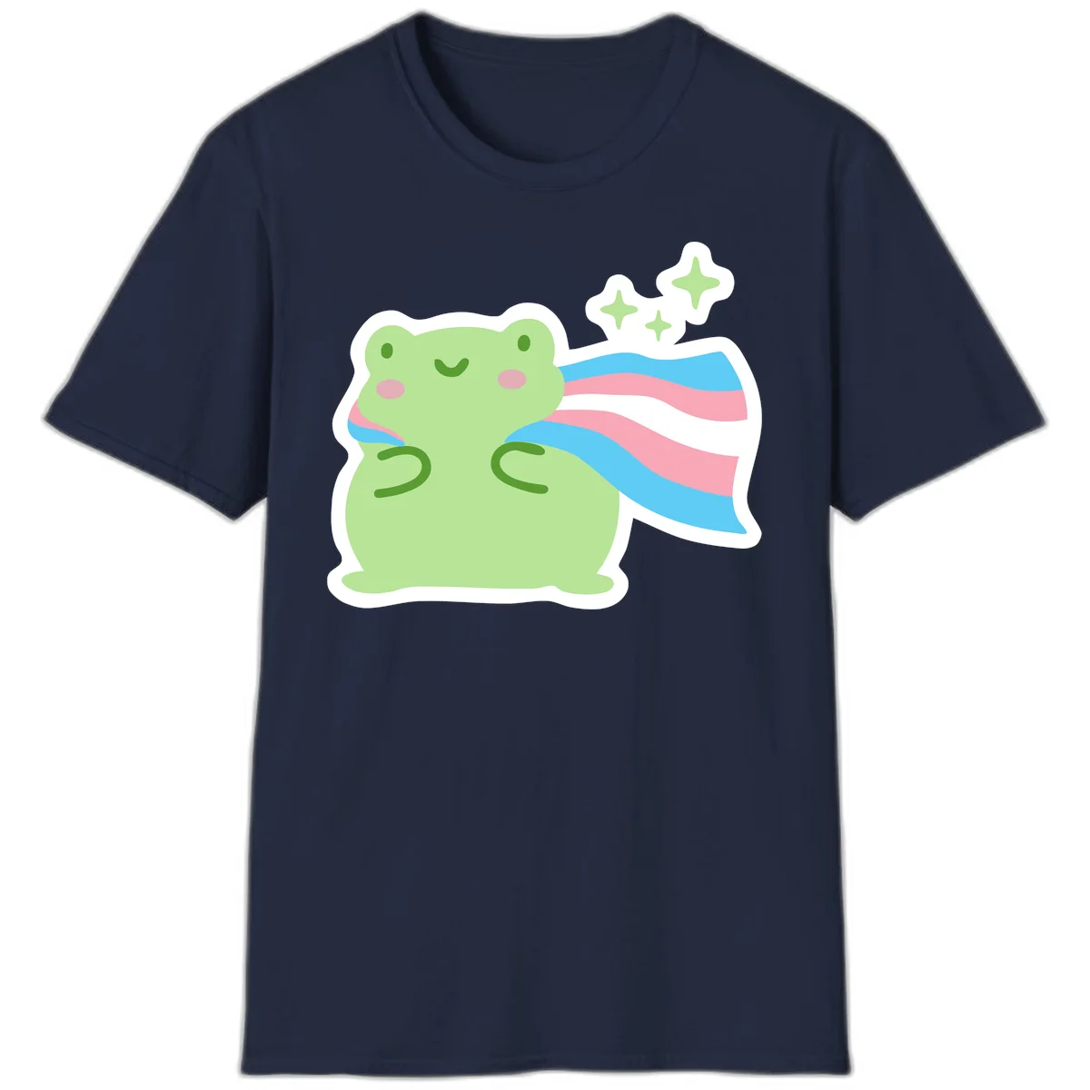 Cheerful green frog with sparkles wearing a magical pink and blue striped cape in Navy