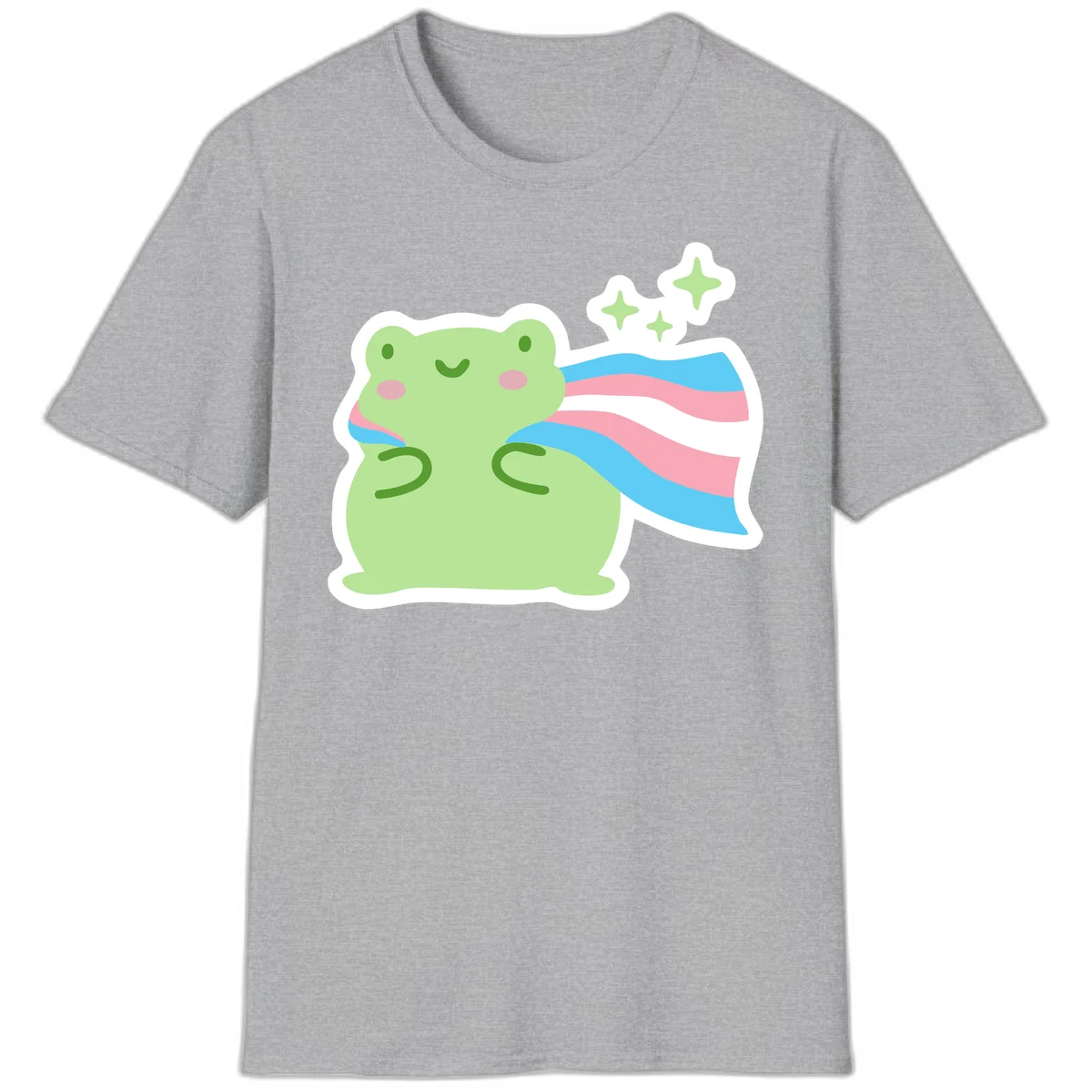 Cheerful green frog with sparkles wearing a magical pink and blue striped cape in Sport Grey
