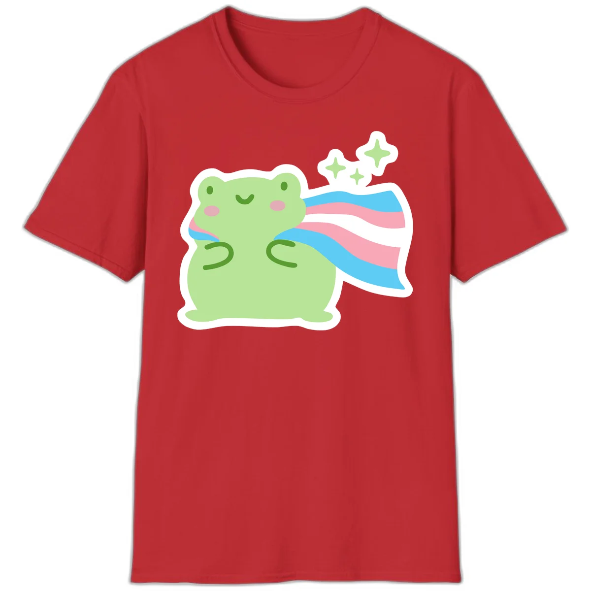 Cheerful green frog with sparkles wearing a magical pink and blue striped cape in Red