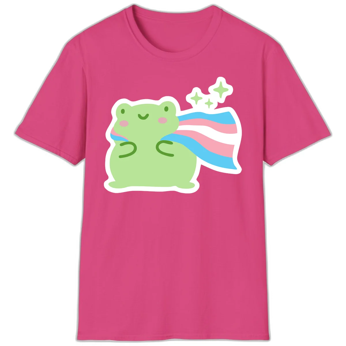 Cheerful green frog with sparkles wearing a magical pink and blue striped cape in Heliconia