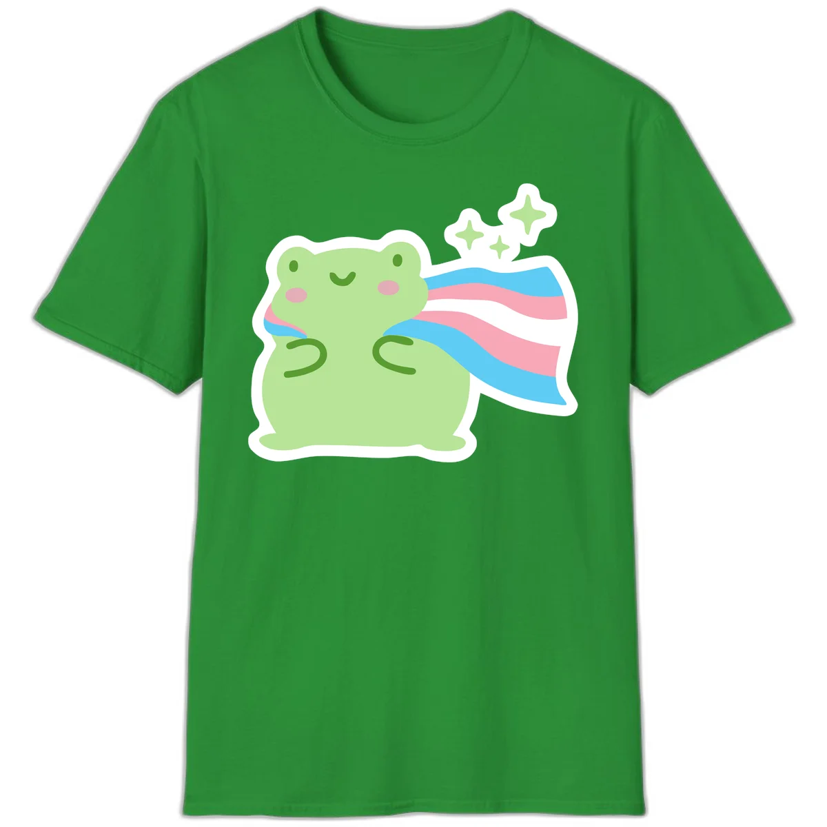 Cheerful green frog with sparkles wearing a magical pink and blue striped cape in Irish Green