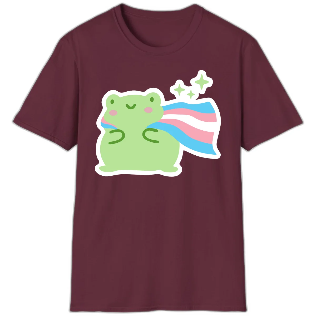 Cheerful green frog with sparkles wearing a magical pink and blue striped cape in Maroon