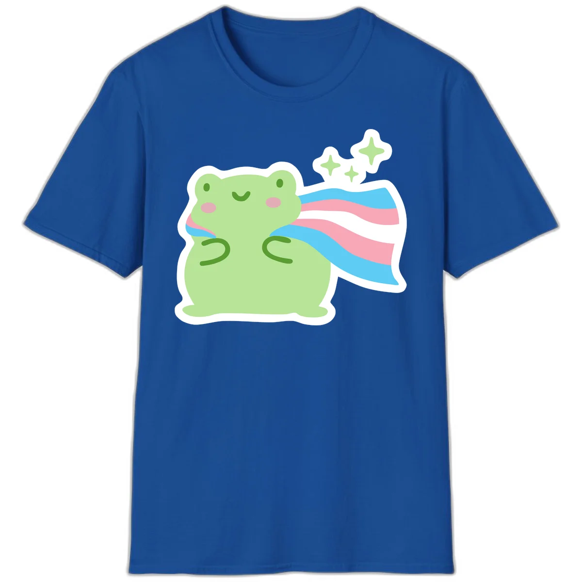 Cheerful green frog with sparkles wearing a magical pink and blue striped cape in Royal