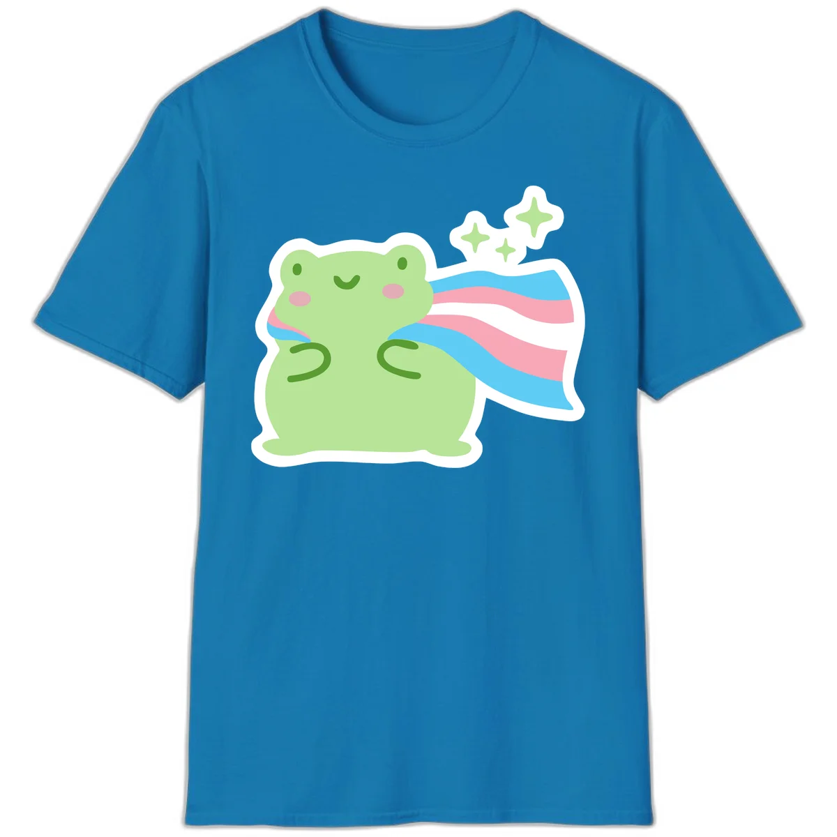 Cheerful green frog with sparkles wearing a magical pink and blue striped cape in Sapphire