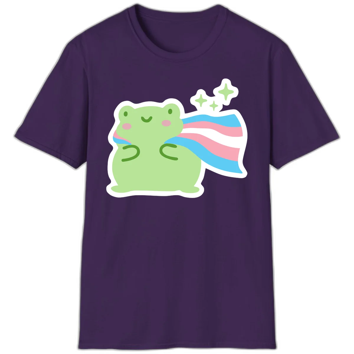 Cheerful green frog with sparkles wearing a magical pink and blue striped cape in Purple
