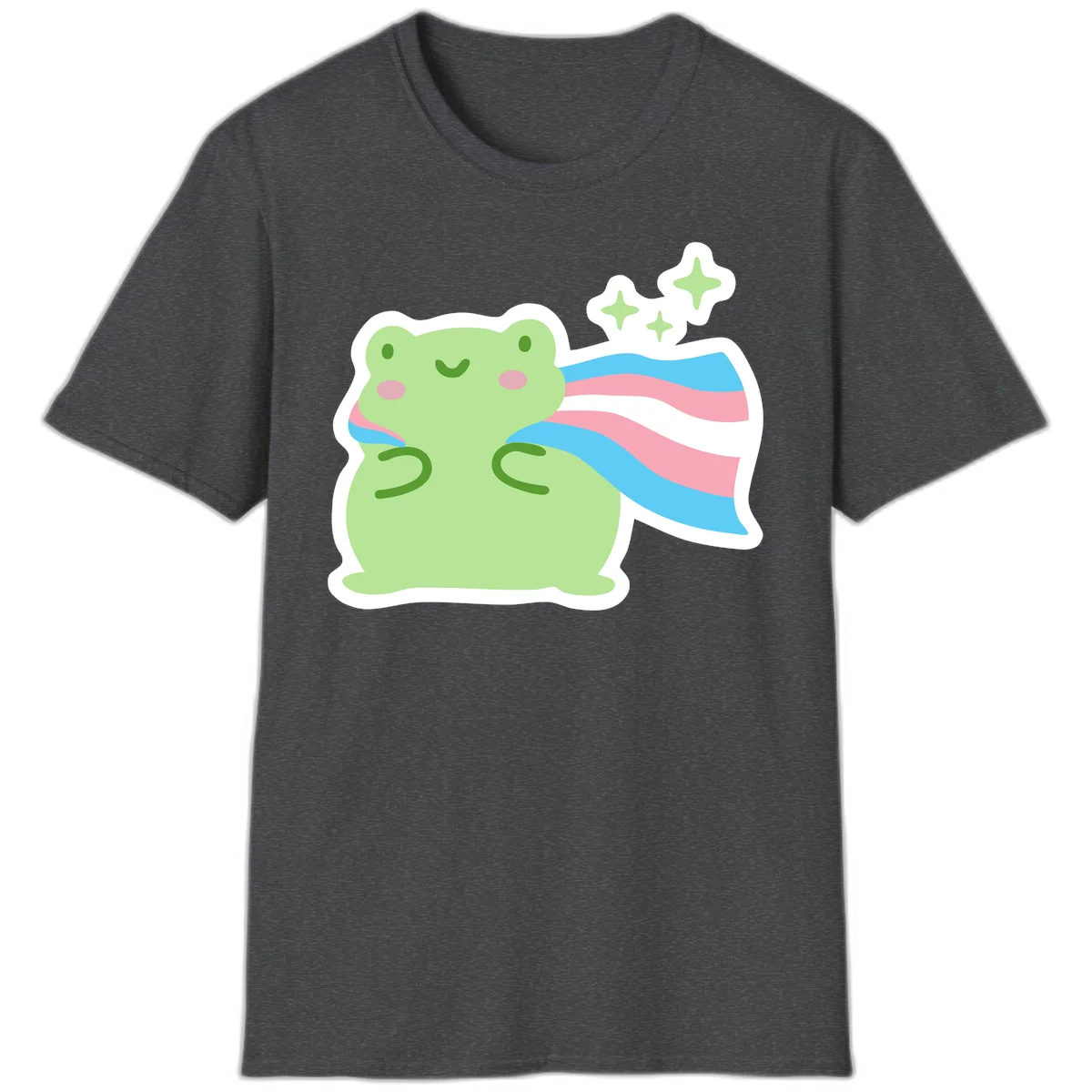 Cheerful green frog with sparkles wearing a magical pink and blue striped cape in Dark Heather