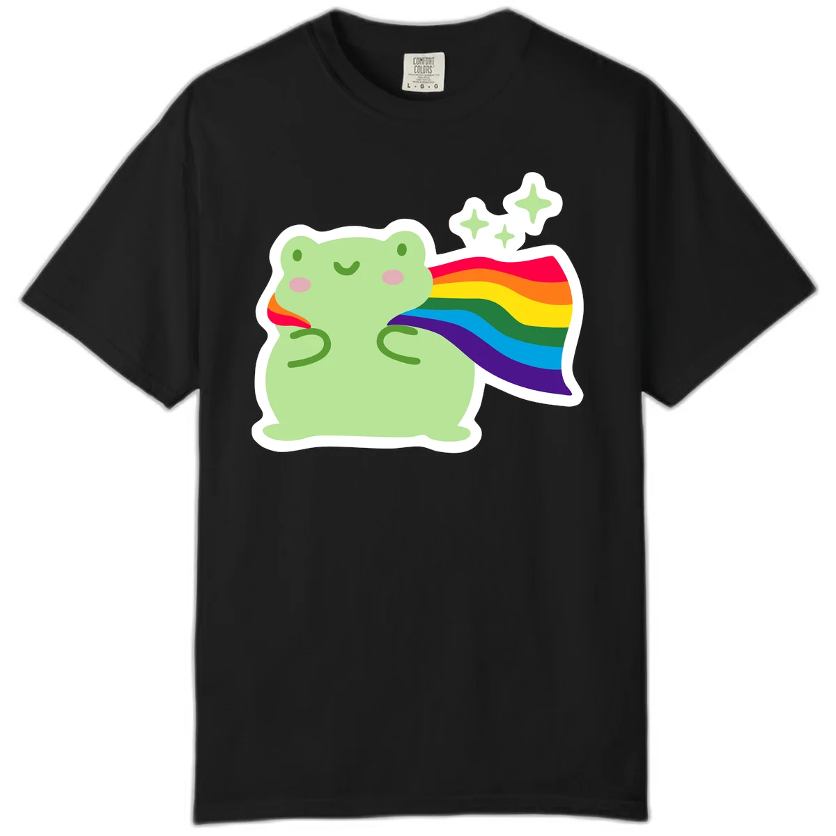 Cute green frog character holding a rainbow pride flag with sparkle stars, celebrating pride and inclusivity in Black