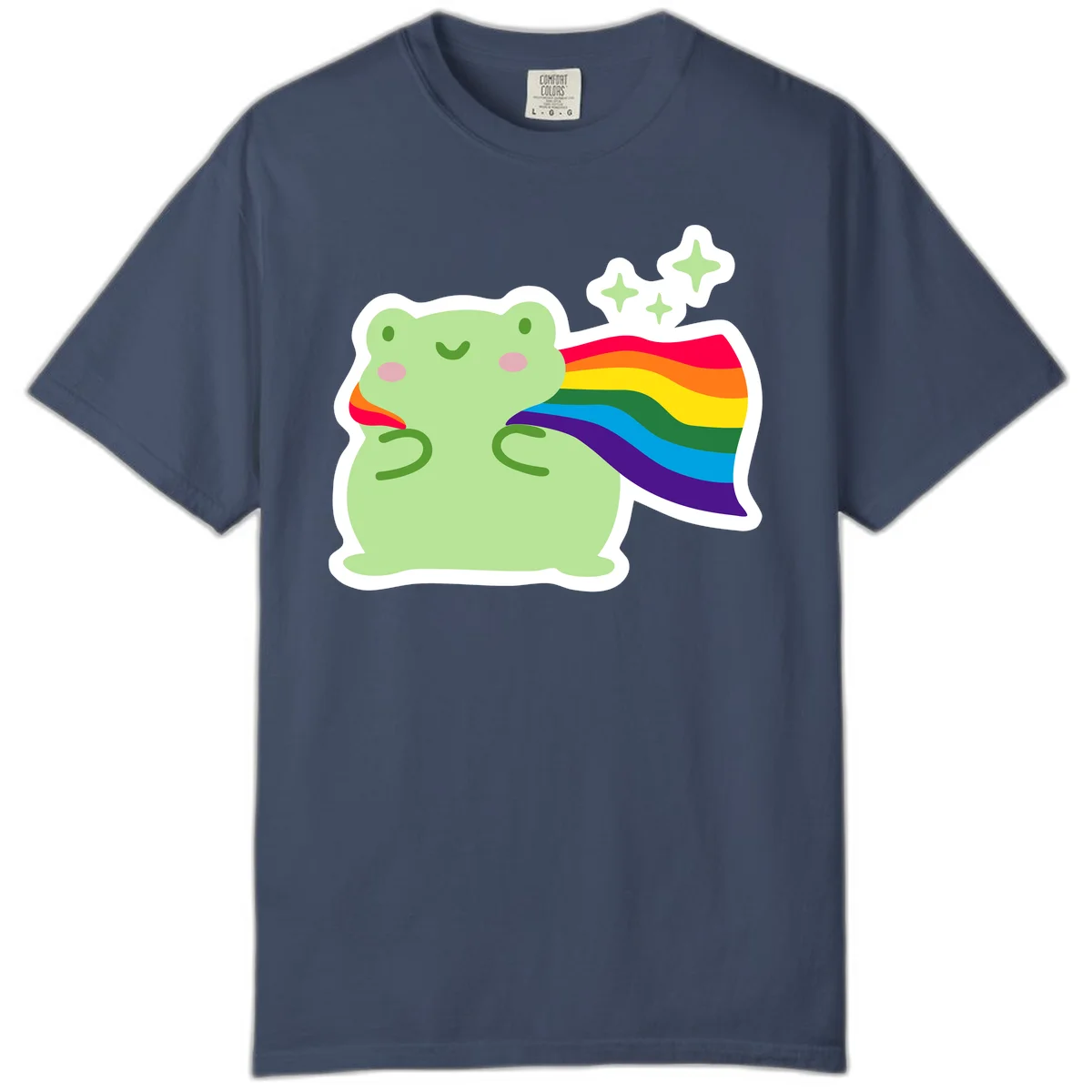 Cute green frog character holding a rainbow pride flag with sparkle stars, celebrating pride and inclusivity in Midnight