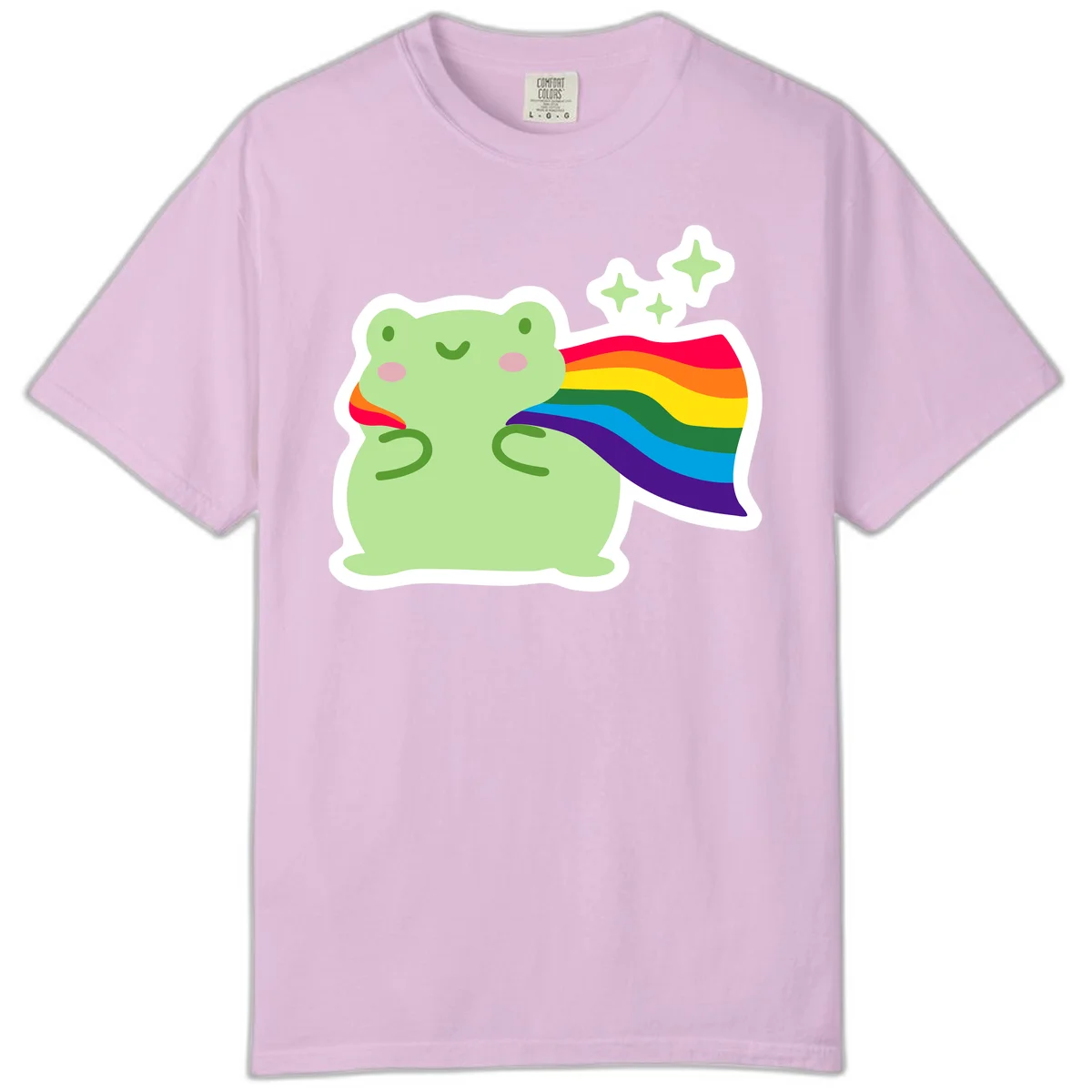 Cute green frog character holding a rainbow pride flag with sparkle stars, celebrating pride and inclusivity in Orchid