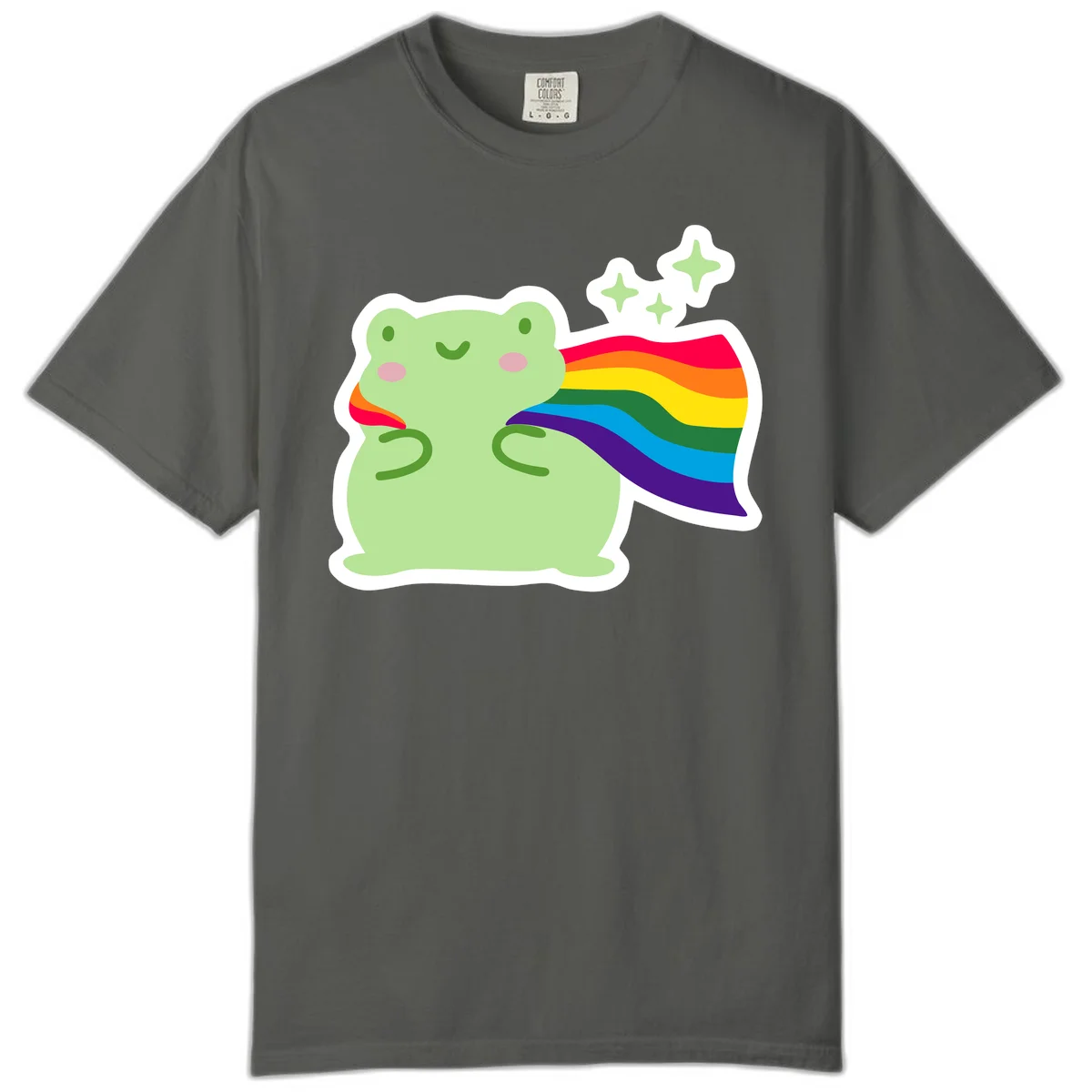 Cute green frog character holding a rainbow pride flag with sparkle stars, celebrating pride and inclusivity in Pepper