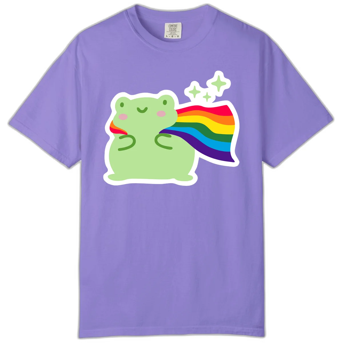 Cute green frog character holding a rainbow pride flag with sparkle stars, celebrating pride and inclusivity in Violet